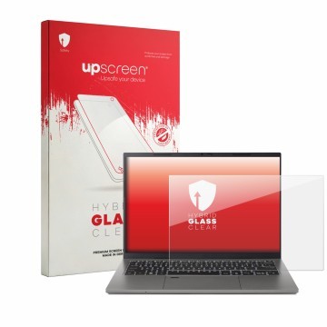 Vorderseite einer Produktverpackung mit dem Markenlogo upscreen. Daneben ist das Gerät Acer TravelMate X2 14 mit dem zugehörig