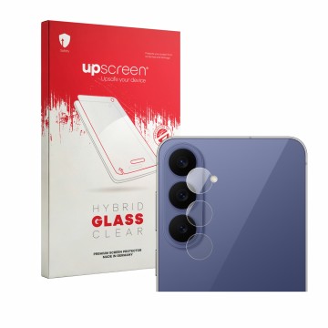 Vorderseite einer Produktverpackung mit dem Markenlogo upscreen. Daneben ist das Gerät Samsung Galaxy S26 FE (NUR Kameraschutz