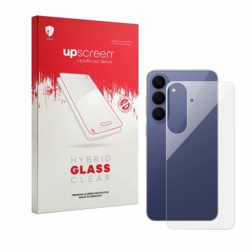 Vorderseite einer Produktverpackung mit dem Markenlogo upscreen. Daneben ist das Gerät Samsung Galaxy S26 FE (Rückseite) mit d