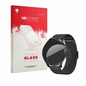 Parte frontal de un envase de producto con el logotipo de la marca upscreen. Al lado se muestra el dispositivo zhizhi S67 1.43