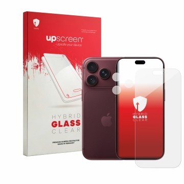 Face avant d’un emballage produit avec le logo de la marque upscreen. À côté, l’appareil Apple iPhone 18 Pro (Avant+Caméra) es