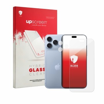 Vorderseite einer Produktverpackung mit dem Markenlogo upscreen. Daneben ist das Gerät Apple iPhone 18 Pro Max (Display+Kamera