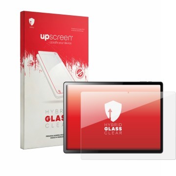 Face avant d’un emballage produit avec le logo de la marque upscreen. À côté, l’appareil Logicom Tab XXL 14