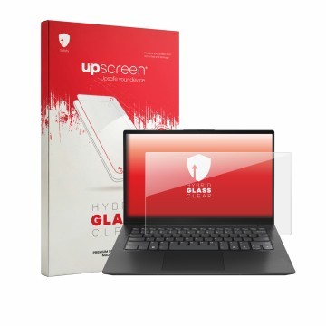 Vorderseite einer Produktverpackung mit dem Markenlogo upscreen. Daneben ist das Gerät Lenovo Prima 14 IWC mit dem zugehörigen