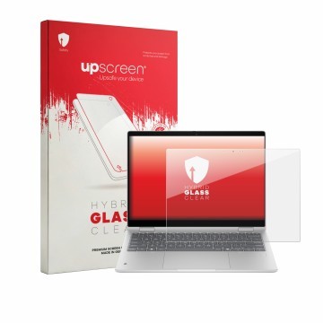 Face avant d’un emballage produit avec le logo de la marque upscreen. À côté, l’appareil HP ProBook 4 Flip G2i 13“ est représe