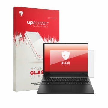 Vorderseite einer Produktverpackung mit dem Markenlogo upscreen. Daneben ist das Gerät HP HyperX OMEN 15 mit dem zugehörigen D