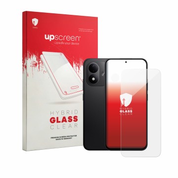 Parte frontal de un envase de producto con el logotipo de la marca upscreen. Al lado se muestra el dispositivo Xiaomi Redmi No