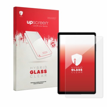 Parte frontal de un envase de producto con el logotipo de la marca upscreen. Al lado se muestra el dispositivo Alldocube iPlay