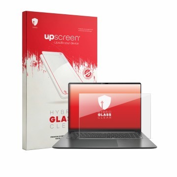 Vorderseite einer Produktverpackung mit dem Markenlogo upscreen. Daneben ist das Gerät ASUS Vivobook S16 S5652 mit dem zugehör