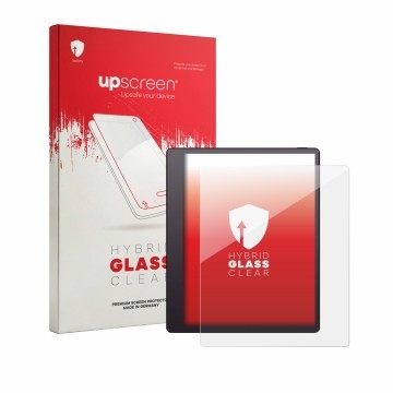 Parte frontal de un envase de producto con el logotipo de la marca upscreen. Al lado se muestra el dispositivo Boox Note Mini 