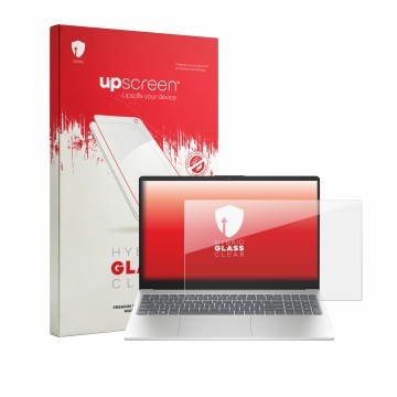 Face avant d’un emballage produit avec le logo de la marque upscreen. À côté, l’appareil HP 15-fd1731ngx est représenté avec l