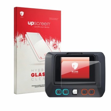 Parte frontal de un envase de producto con el logotipo de la marca upscreen. Al lado se muestra el dispositivo SkyRc D8neo con