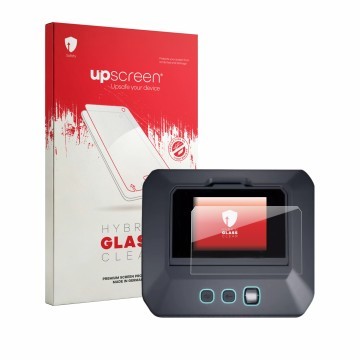 Parte frontal de un envase de producto con el logotipo de la marca upscreen. Al lado se muestra el dispositivo SkyRc Q500neo c