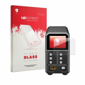 Parte frontal de un envase de producto con el logotipo de la marca upscreen. Al lado se muestra el dispositivo SkyRc eFuel PSU