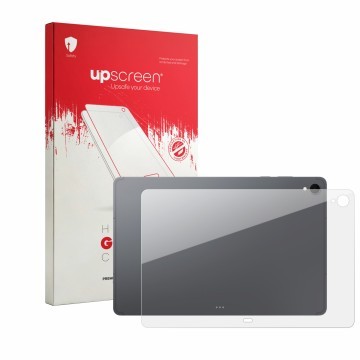 Front side of a product packaging with the brand logo upscreen. Next to it is the device Samsung Galaxy Tab S12 Plus (Back) sh