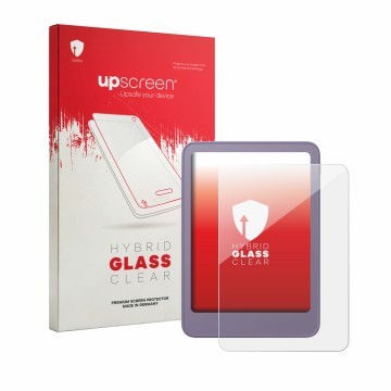 Face avant d’un emballage produit avec le logo de la marque upscreen. À côté, l’appareil Amazon Kindle 2026 est représenté ave