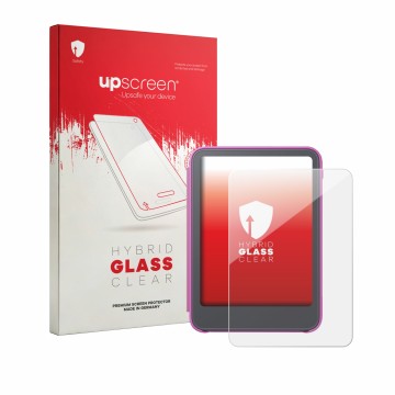 Front side of a product packaging with the brand logo upscreen. Next to it is the device Amazon Kindle Kids 2026 shown with th