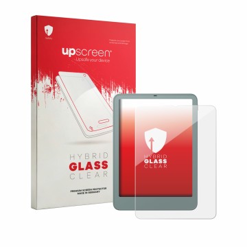 Parte frontale di una confezione del prodotto con il logo del marchio upscreen. Accanto è raffigurato il dispositivo Amazon Ki