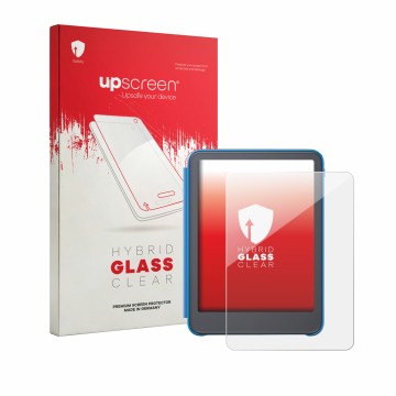 Parte frontale di una confezione del prodotto con il logo del marchio upscreen. Accanto è raffigurato il dispositivo Amazon Ki