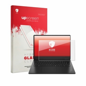 Parte frontal de un envase de producto con el logotipo de la marca upscreen. Al lado se muestra el dispositivo HP Omen 17-db13