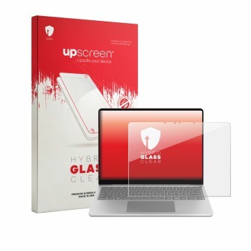 Front side of a product packaging with the brand logo upscreen. Next to it is the device Microsoft Surface Laptop 13