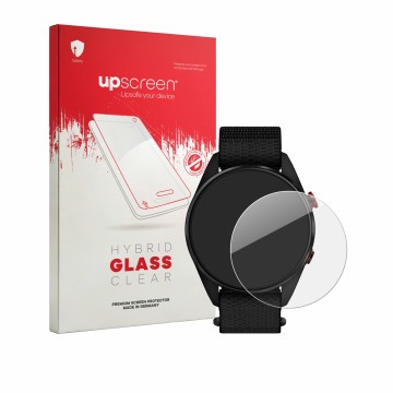 Face avant d’un emballage produit avec le logo de la marque upscreen. À côté, l’appareil Garmin Approach S72 47 mm est représe