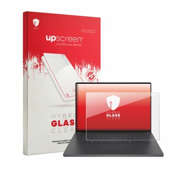 Parte frontale di una confezione del prodotto con il logo del marchio upscreen. Accanto è raffigurato il dispositivo Dell XPS 