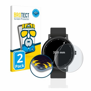 Face avant d’un emballage produit avec le logo de la marque BROTECT. À côté, l’appareil Montres (Circulaire, ø: 33 mm) est rep