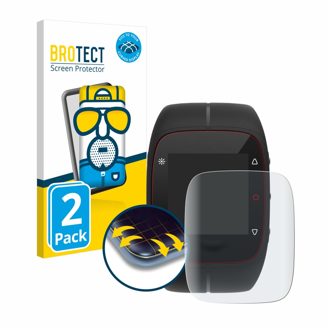 Front side of a product packaging with the brand logo BROTECT. Next to it is the device Polar M400 shown with the correspondin