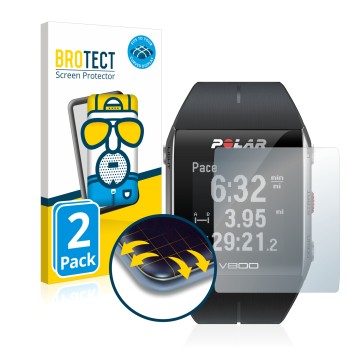 Vorderseite einer Produktverpackung mit dem Markenlogo BROTECT. Daneben ist das Gerät Polar V800 mit dem zugehörigen Displaysc