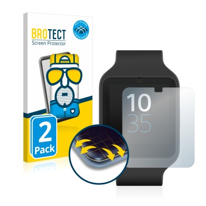Front side of a product packaging with the brand logo BROTECT. Next to it is the device Sony Smartwatch 3 SWR50 shown with the