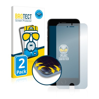 Face avant d’un emballage produit avec le logo de la marque BROTECT. À côté, l’appareil Apple iPhone 6S Plus est représenté av