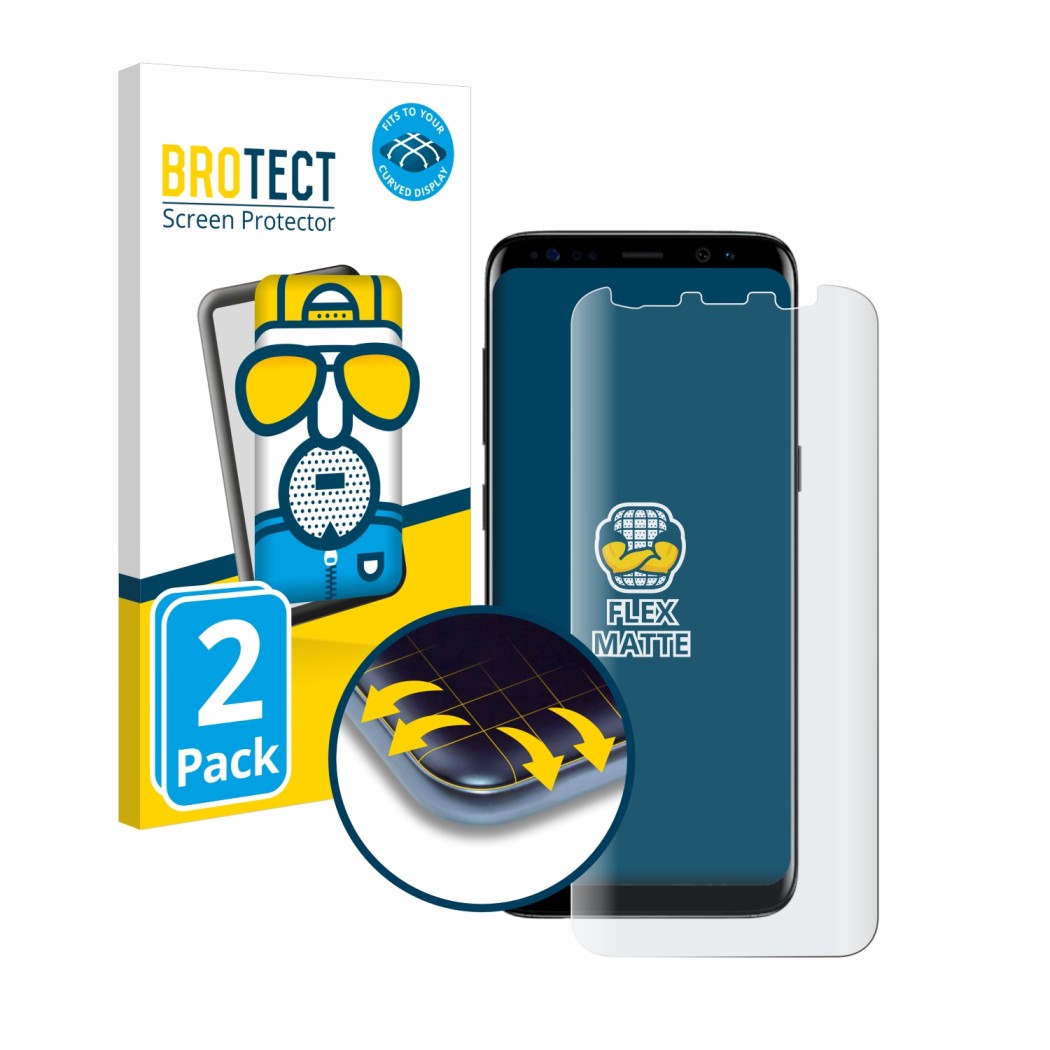 Vorderseite einer Produktverpackung mit dem Markenlogo BROTECT. Daneben ist das Gerät Samsung Galaxy S8 mit dem zugehörigen Di