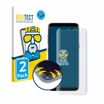 Vorderseite einer Produktverpackung mit dem Markenlogo BROTECT. Daneben ist das Gerät Samsung Galaxy S8 mit dem zugehörigen Di