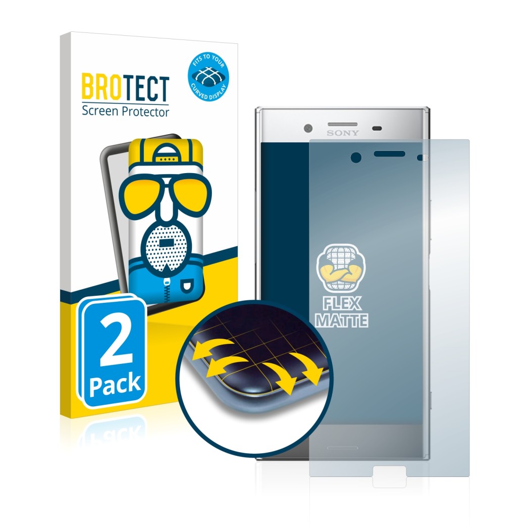 Front side of a product packaging with the brand logo BROTECT. Next to it is the device Sony Xperia XZ Premium shown with the 