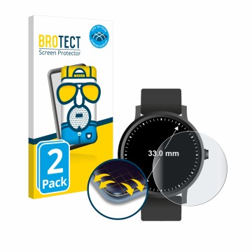 Front side of a product packaging with the brand logo BROTECT. Next to it is the device Circular Displays (ø: 33 mm) shown wit
