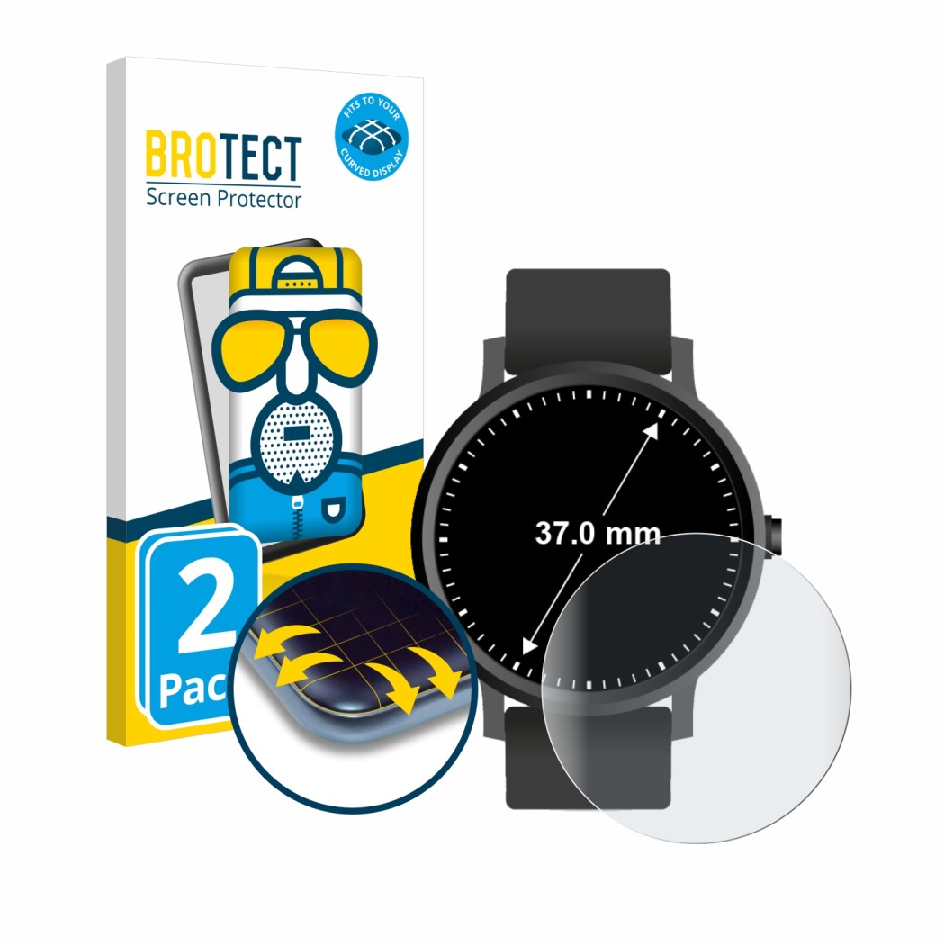Vorderseite einer Produktverpackung mit dem Markenlogo BROTECT. Daneben ist das Gerät Kreisrunde Displays (ø: 37 mm) mit dem z