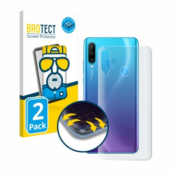 Face avant d’un emballage produit avec le logo de la marque BROTECT. À côté, l’appareil Huawei P30 lite (Arrière) est représen