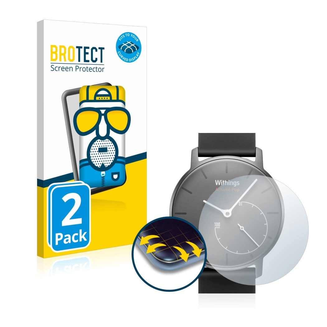 Vorderseite einer Produktverpackung mit dem Markenlogo BROTECT. Daneben ist das Gerät Withings Activité Pop mit dem zugehörige