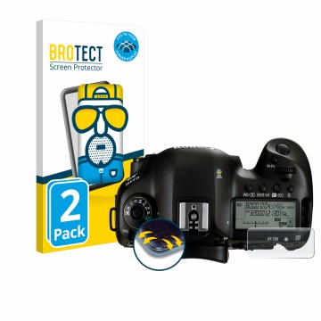 Front side of a product packaging with the brand logo BROTECT. Next to it is the device Canon EOS 5D Mark IV (top plate displa