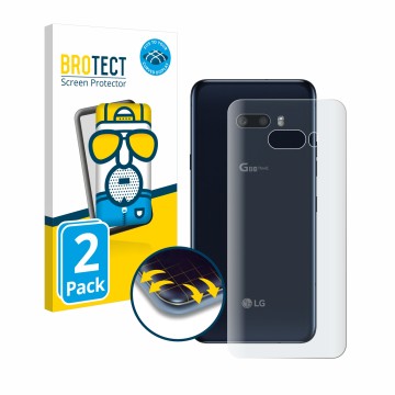 Parte frontal de un envase de producto con el logotipo de la marca BROTECT. Al lado se muestra el dispositivo LG G8X ThinQ (Tr