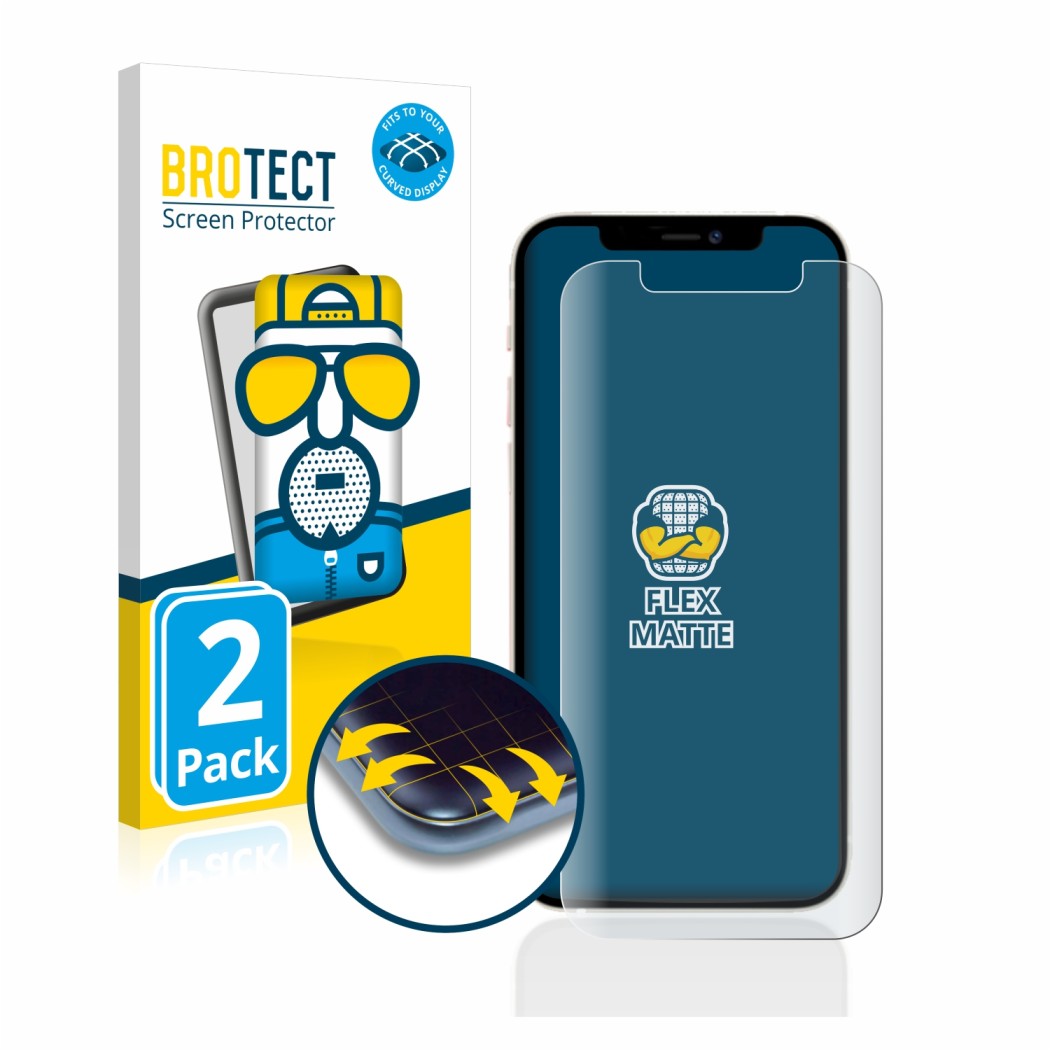 Front side of a product packaging with the brand logo BROTECT. Next to it is the device Apple iPhone 12 shown with the corresp