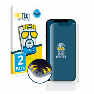 Front side of a product packaging with the brand logo BROTECT. Next to it is the device Apple iPhone 12 shown with the corresp