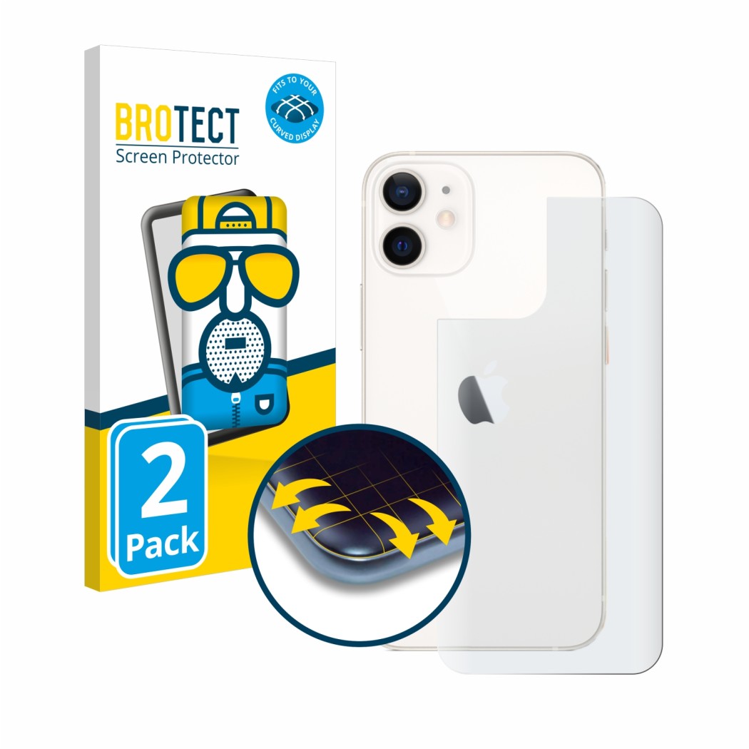 Parte frontal de un envase de producto con el logotipo de la marca BROTECT. Al lado se muestra el dispositivo Apple iPhone 12 