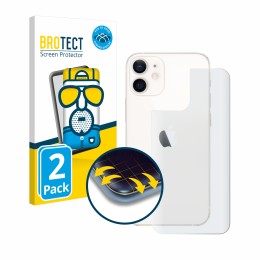 Parte frontal de un envase de producto con el logotipo de la marca BROTECT. Al lado se muestra el dispositivo Apple iPhone 12 