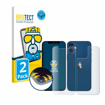 Front side of a product packaging with the brand logo BROTECT. Next to it is the device Apple iPhone 12 (Front+Back) shown wit