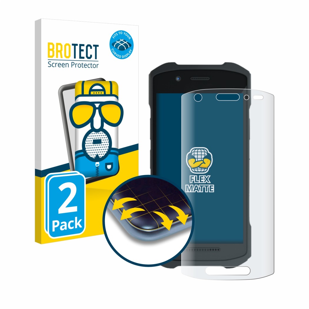 Front side of a product packaging with the brand logo BROTECT. Next to it is the device Zebra TC21 shown with the correspondin