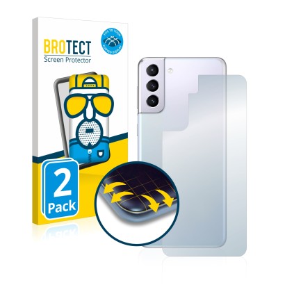 Face avant d’un emballage produit avec le logo de la marque BROTECT. À côté, l’appareil Samsung Galaxy S21 5G (Arrière) est re