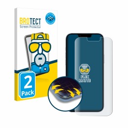 Face avant d’un emballage produit avec le logo de la marque BROTECT. À côté, l’appareil Apple iPhone 13 Pro Max est représenté