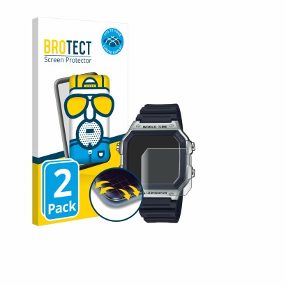 Face avant d’un emballage produit avec le logo de la marque BROTECT. À côté, l’appareil Casio AE-1200WH est représenté avec la